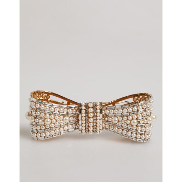 Dolce & Gabbana Gold Tone Brass Bow Crystal FauxPearl Embellished Men's Brooch